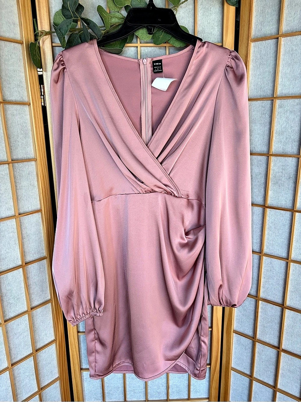 SHEIN Belle Surplice Neck Lantern Sleeve Wrap Dress Pink